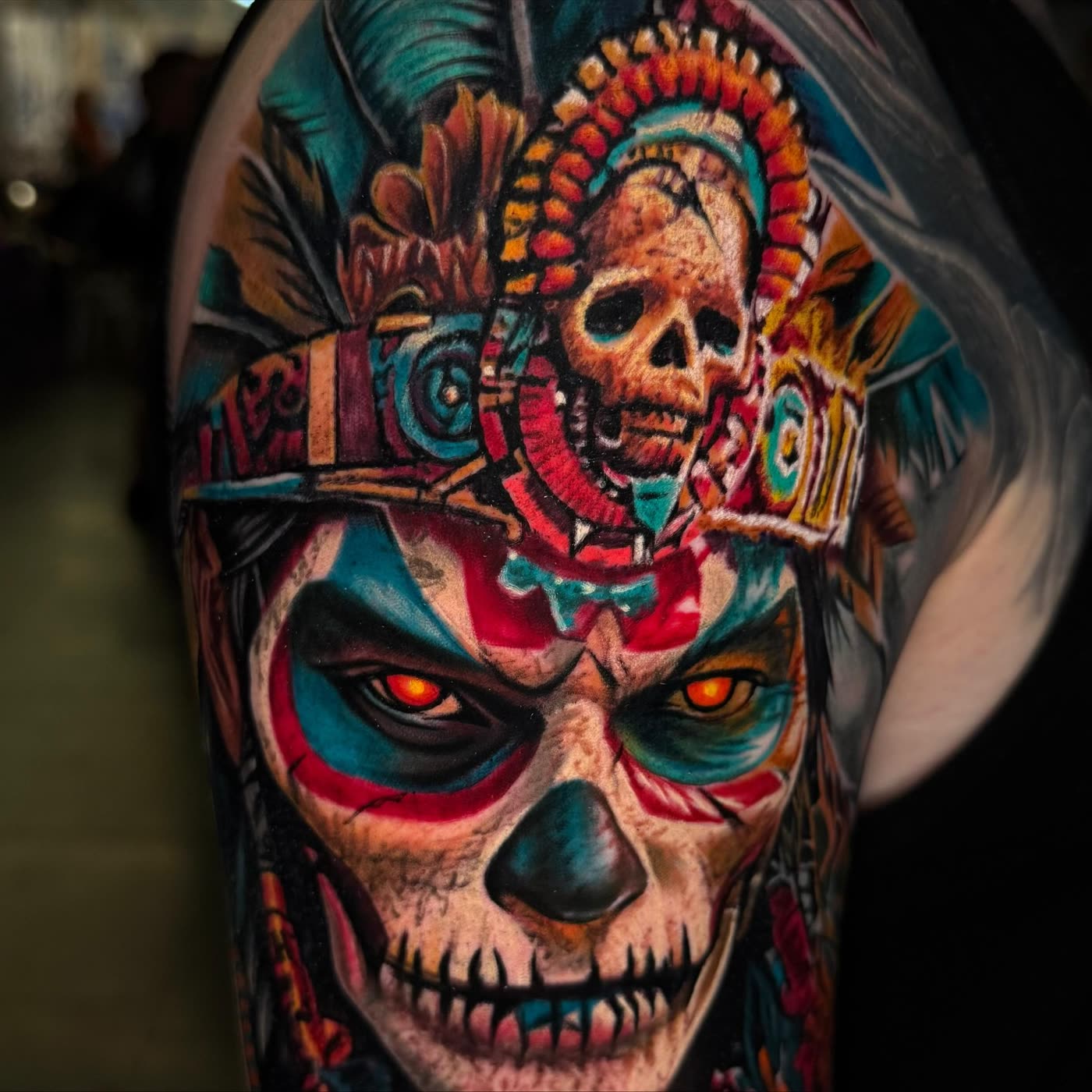 Aztec skull warrior color tattoo by Christian Silva