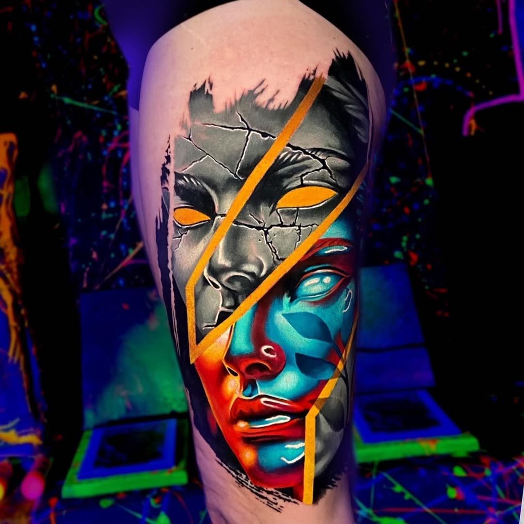 Cracked mask portrait tattoo by Christian Silva