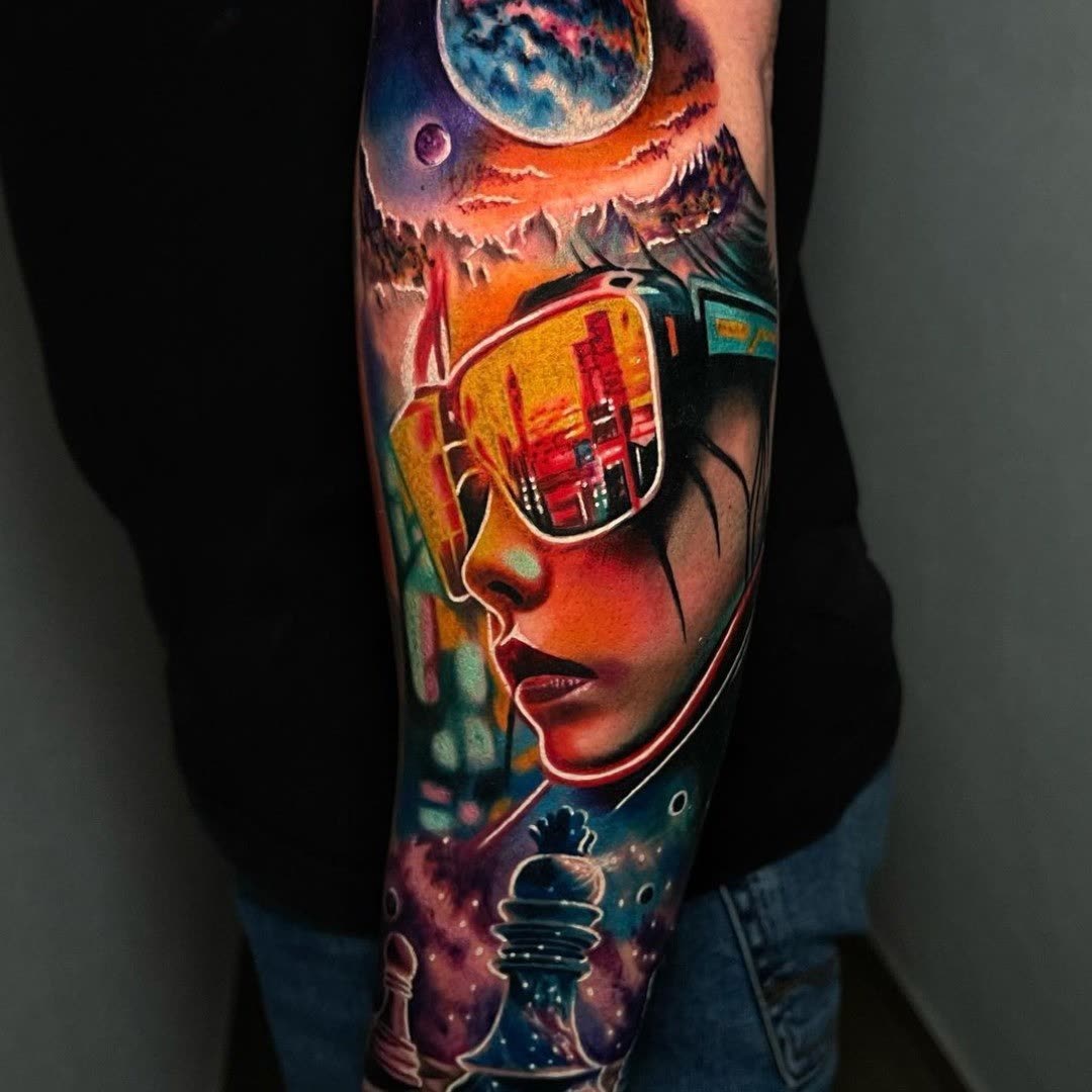 Cyberpunk woman color tattoo by Christian Silva