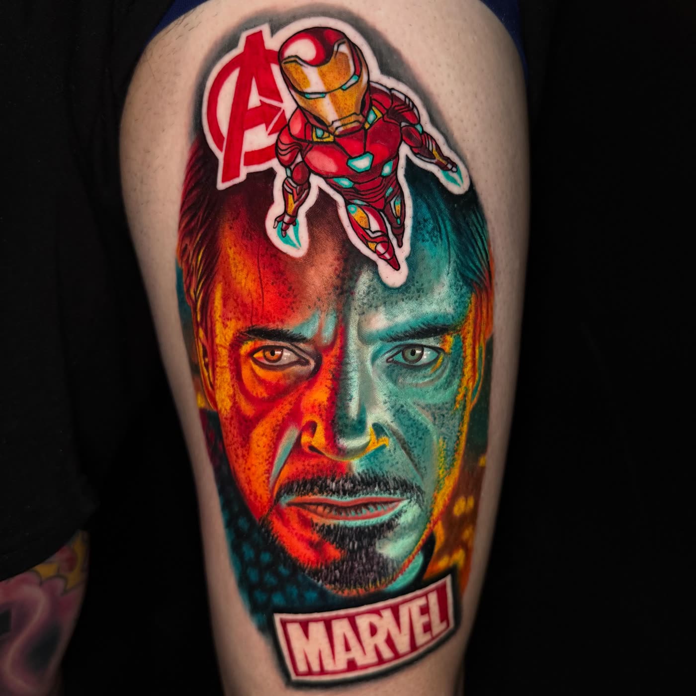 Iron Man split portrait color tattoo by Christian Silva