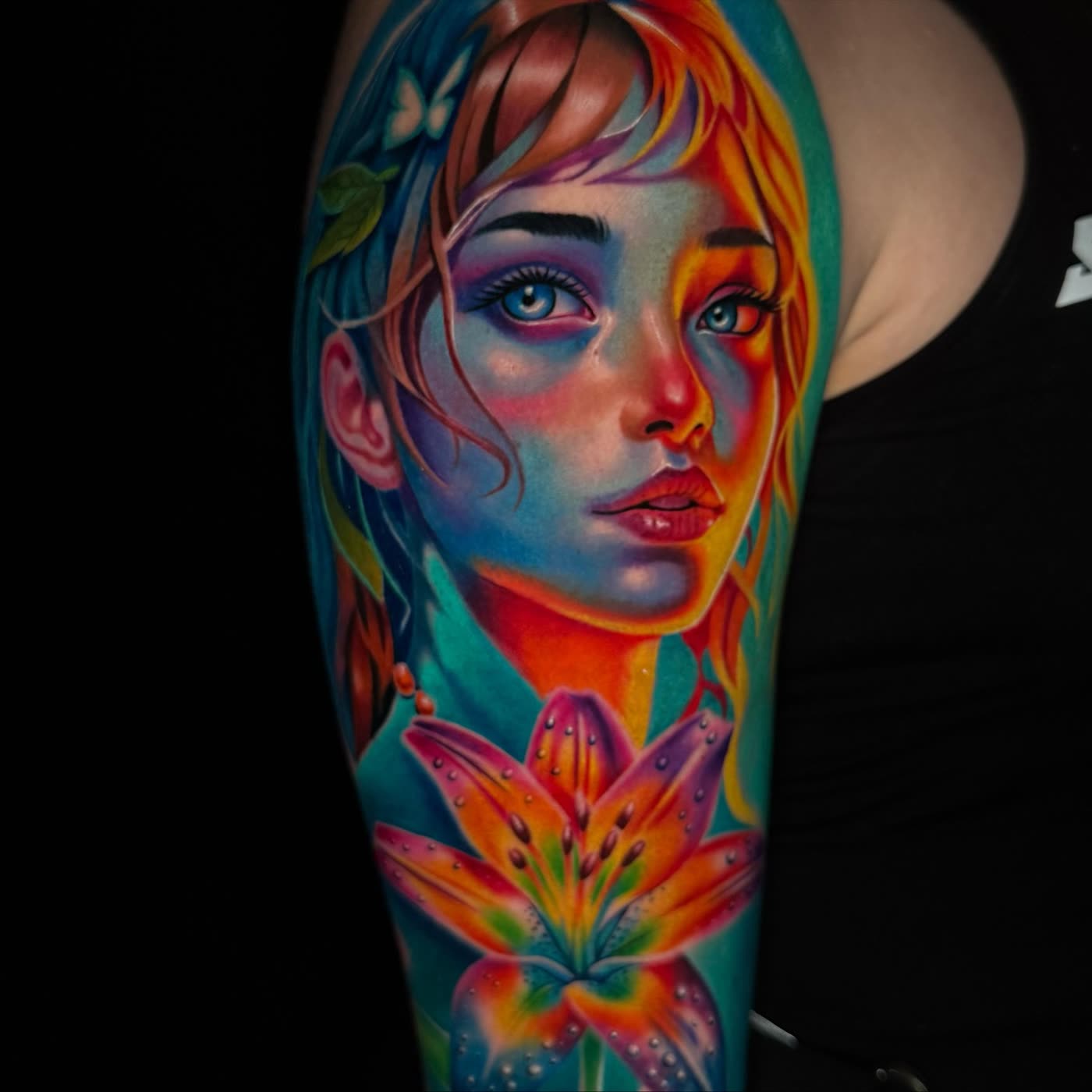 Color portrait tattoo with lily by Christian Silva